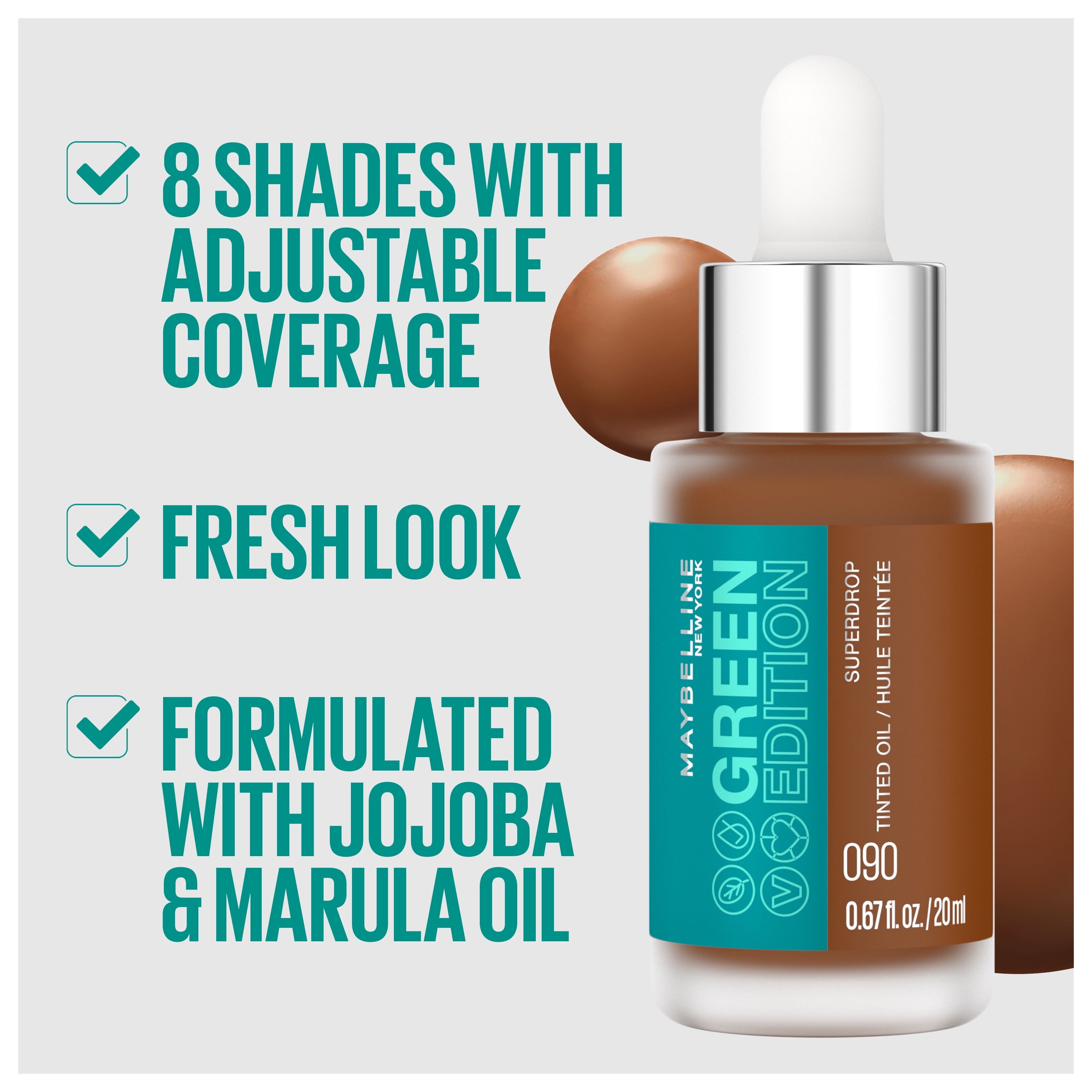 Maybelline Green Edition Superdrop Tinted Oil Makeup, Adjustable Coverage, 05, 0.67 fl oz
