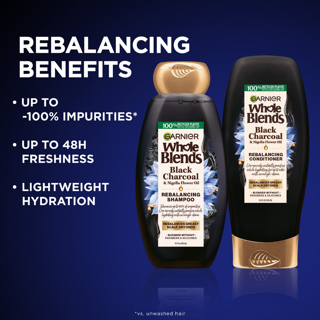 Garnier Whole Blends Rebalancing Cleansing Shampoo with Black Charcoal, All Hair Types, 26.6 fl oz