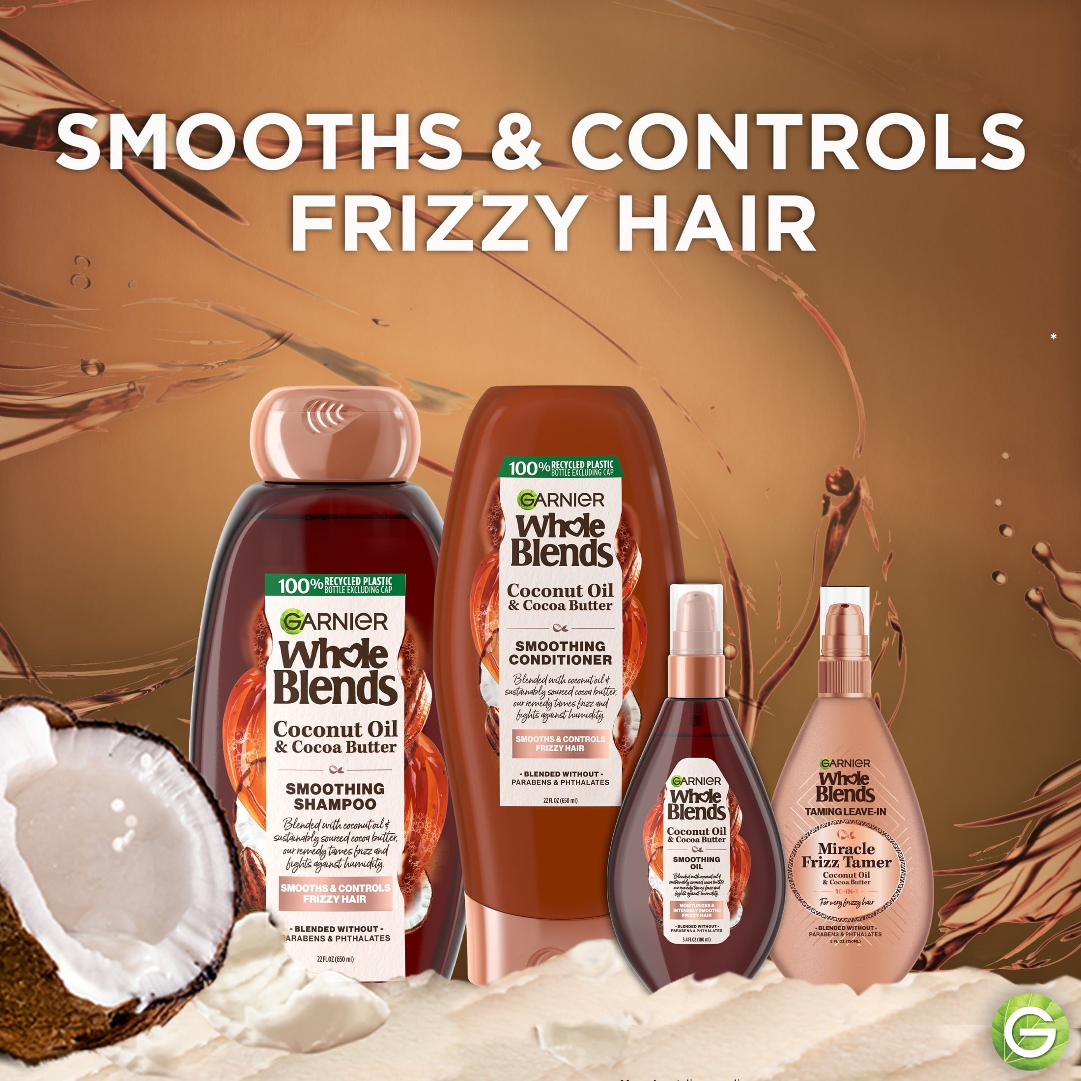 Garnier Whole Blends Frizz Control Conditioner Coconut Oil Cocoa Butter, All Hair Types, 22 fl oz